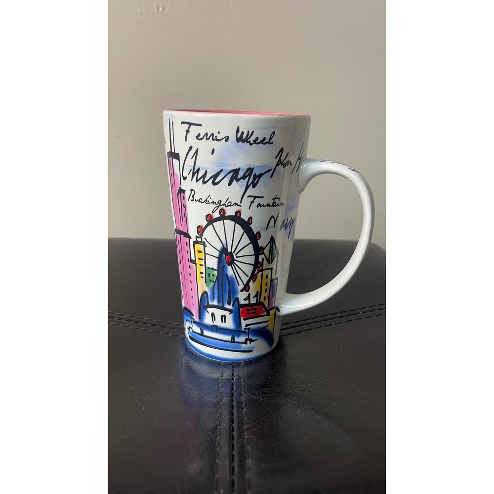 Chicago Skyline Souvenir Coffee Mug Pink Interior Navy Pier Sears Tower Tall Cup